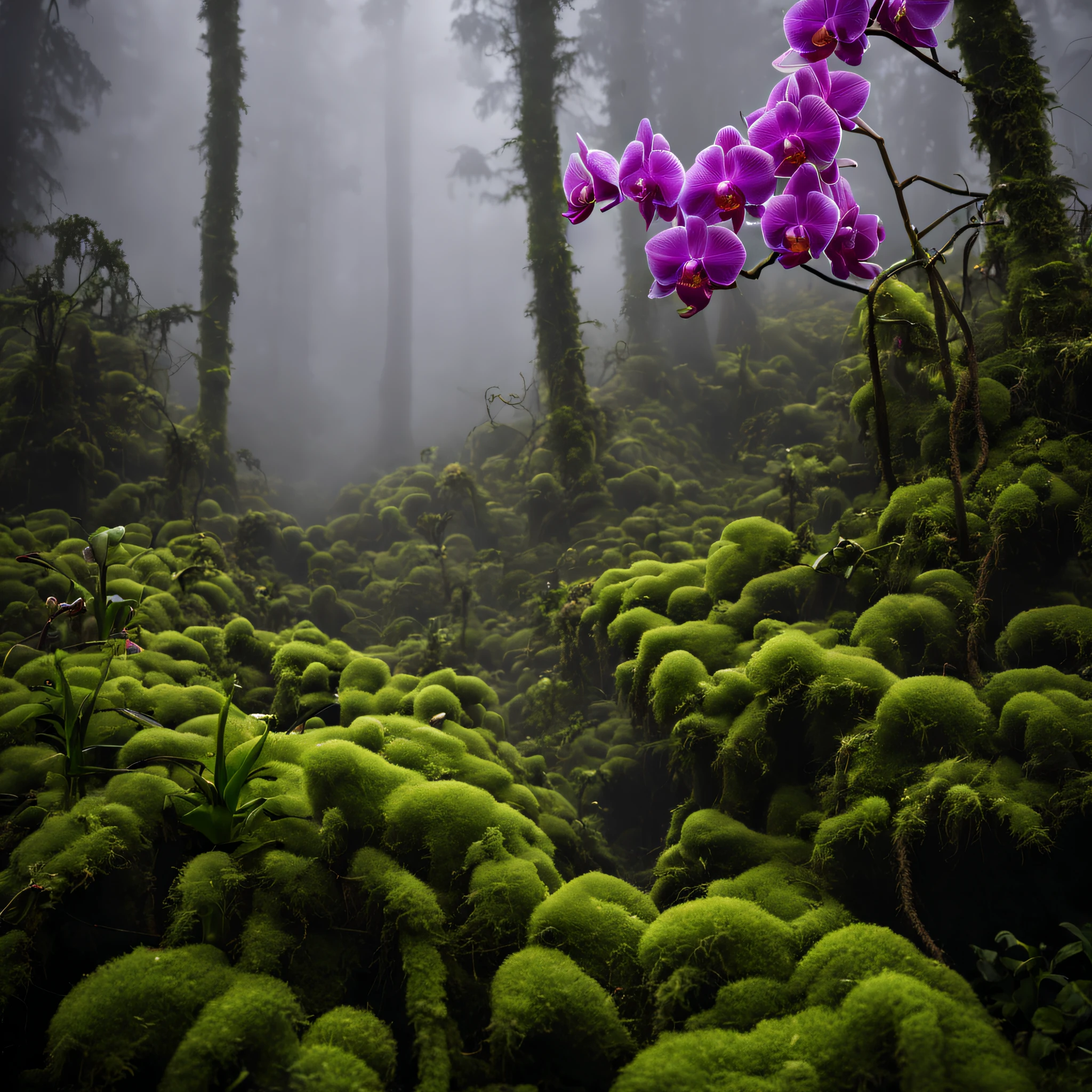 Une belle photo de forêt dense, corde rampante, mousse, orchidées, brouillard