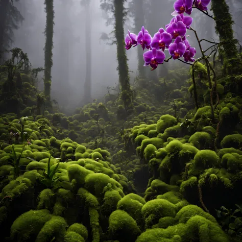 a beautiful photo of dense forest, creeping rope, moss, orchids, fog