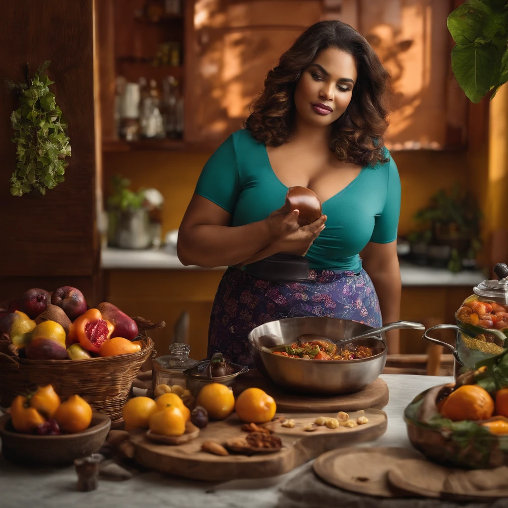 Araffe woman in a kitchen with a variety of fruits and vegetables - SeaArt  AI