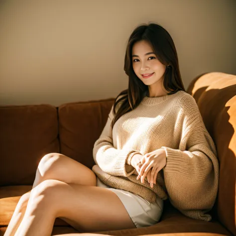 MEDIUM SHOT,high quality, masterpiece, (realistic, photo-realistic:1.2) ,1girl,sitting on a cozy couch,crossing legs,soft light,light smile,