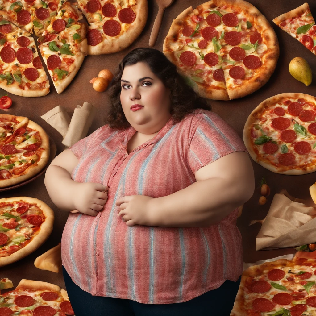 Arafed woman standing in front of a wall of pizzas - SeaArt AI