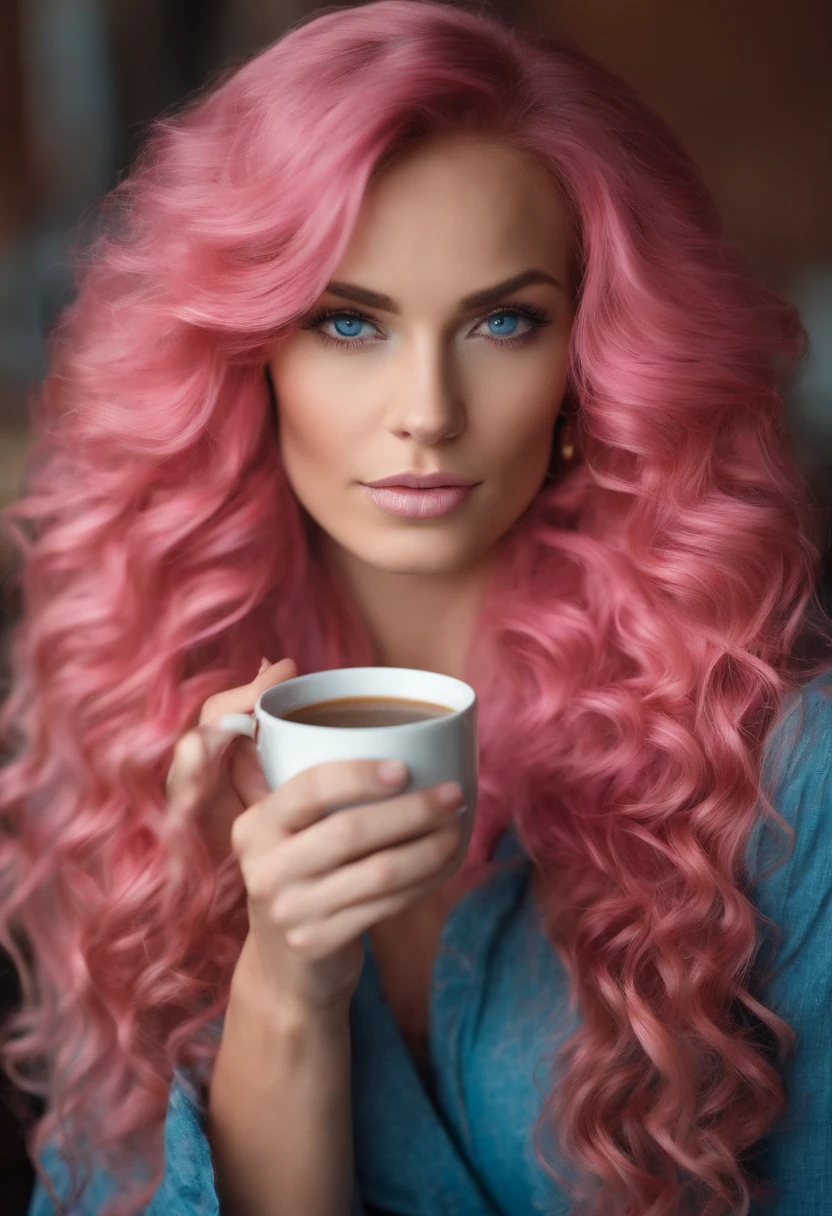 A woman, long curly hair, pink hair, blue eyes, drinking coffee