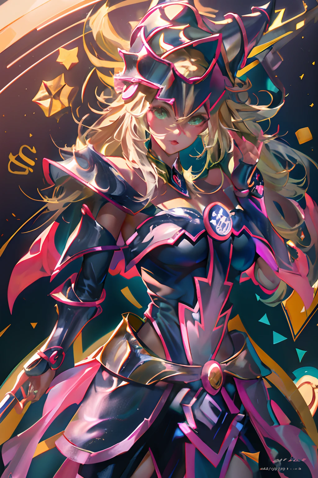 cuerpo completo,Ultra-high saturation，（tmasterpiece）， Foto de cuerpo completo，（Mejor calidad）， （1girll dark magician girl）， Starryskybackground，Usando armadura dorada brillante， Sexy lingerie armor，Exponga su pecho，Exponer la cintura，Exponer los muslos，pose fresca， Armadura Saint Seiya， cabello desordenado，Alto detalle, Anime style, cinematic lighting, destellar, Luz de Dios, Trazado de rayos, movie grain, hiper HD, textura piel, Super details, Anatomically correct, A high resolution，Ultra-high saturation，alto contraste，Armadura de alto brillo，Piel suave，Expresiones serias, dim room, dark magician girl