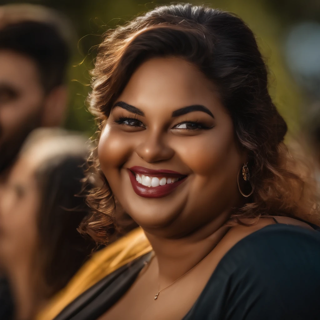 A woman smiling and wearing a black top and a yellow scarf - SeaArt AI