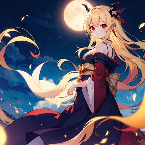 wavy blonde、red eyes、one beautiful vampire girl、kimono、off shoulders、a moon、natta、mare