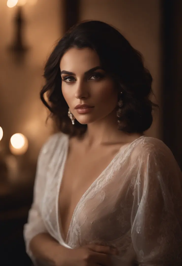 A photorealistic portrait of a stunningly beautiful, dark-haired woman with captivating, piercing brown eyes. She exudes an irresistible allure and sensuality, reminiscent of Dua Lipa. The scene is set in a softly lit, luxurious boudoir, casting a warm, in...