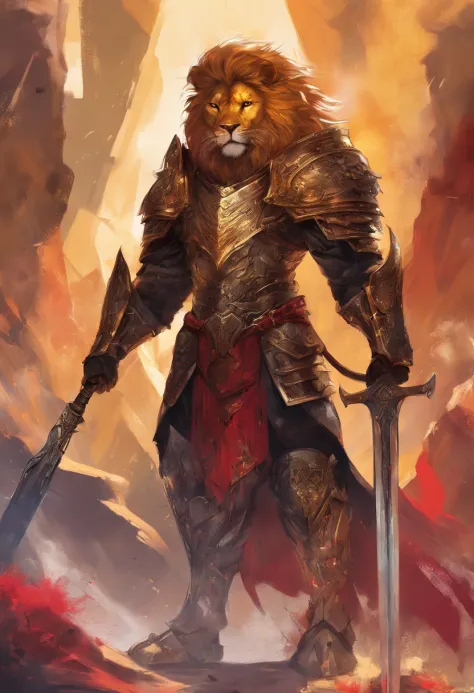 (best quality,highres,masterpiece:1.2),realistic,lion,humanized,warrior,portrait,heroic pose,majestic,regal,expressive eyes,strong jawline,proud expression,detailed facial features,shaggy mane,golden fur,glistening in the sunlight,sharp,gleaming sword,orna...