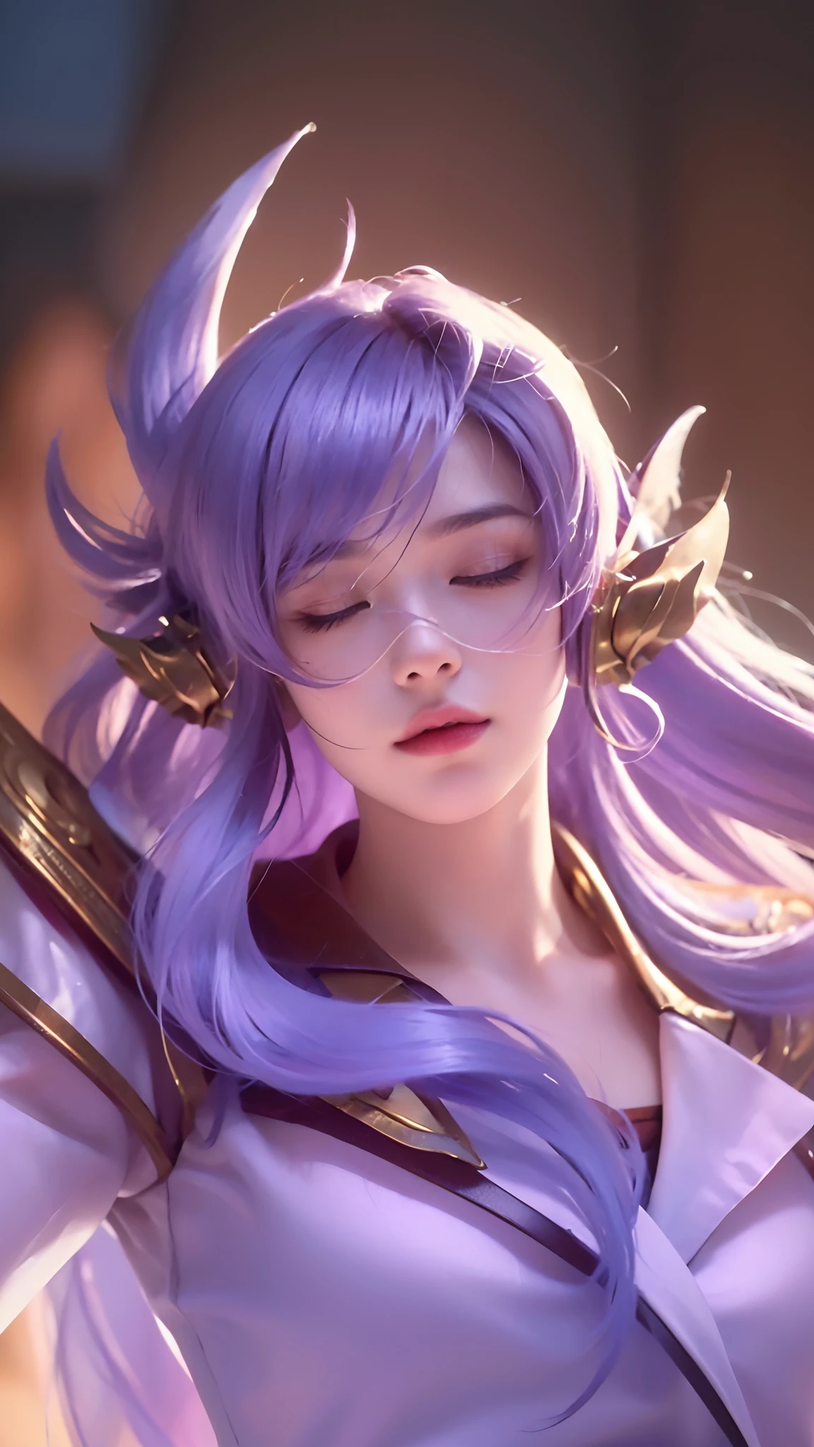 8K, Best Quality, Masterpiece, Ultra Resolution, (Realistic: 1.4), Original Photo, (Realistic Skin Texture: 1.3), (Film Grain: 1.3), (Selfie Angle), Portrait 1 Girl, Eyes Closed, Long Hair, Purple Hair, Beautiful Big Eyes and Face Detail, Masterpiece, Best Quality, Close Up