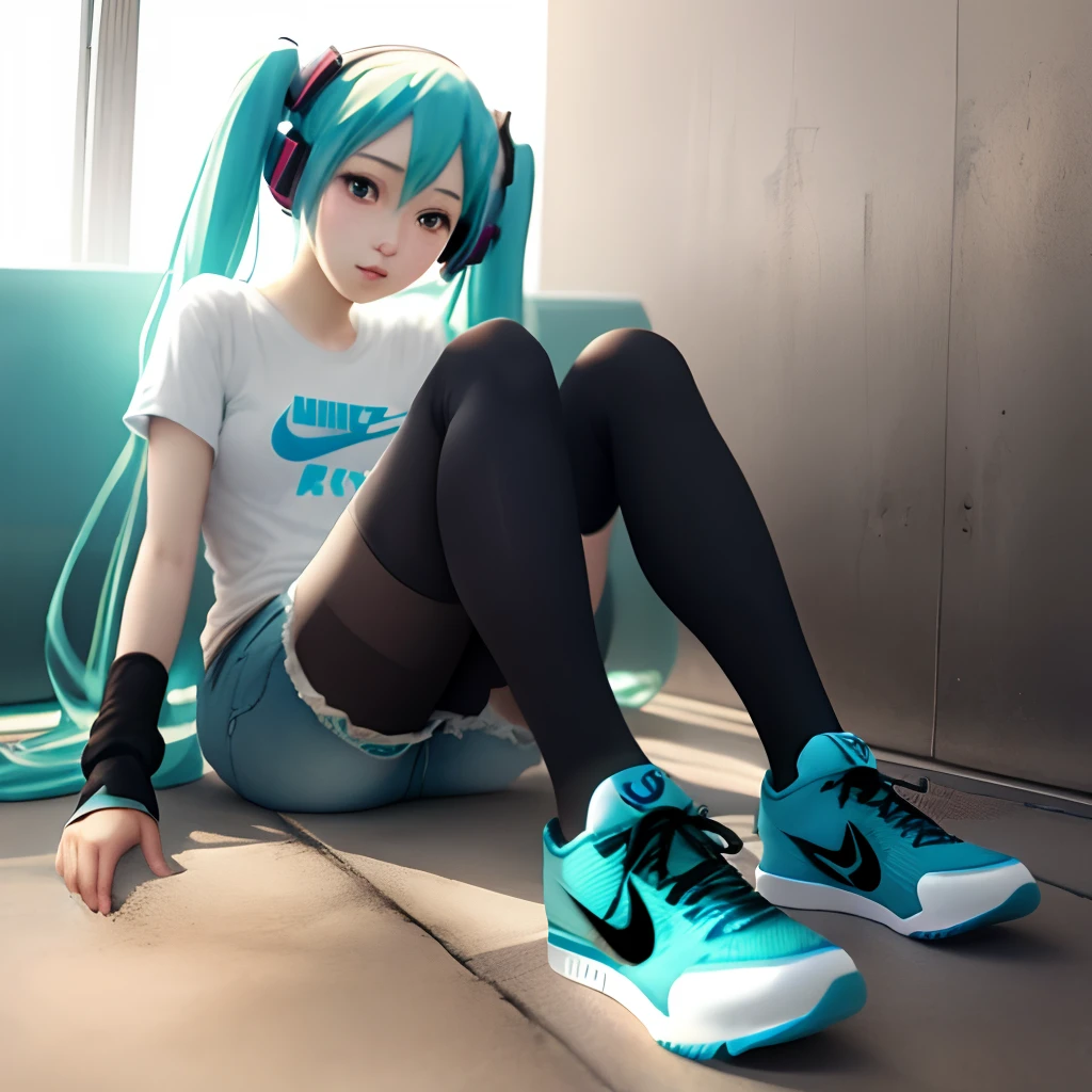 Araffe girl with blue hair and black tights sitting on the floor - SeaArt AI