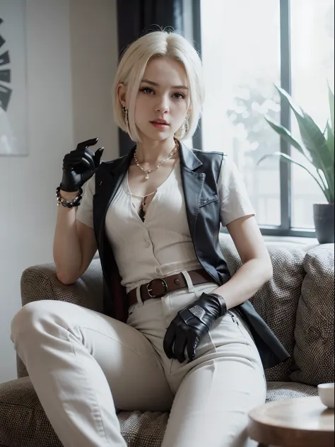 masterpiece, best quality, intricate detail,  android_18, and18, 1girl, android 18,  dragon ball z,  solo, blonde hair, blue eyes, belt, jeans, pearl_necklace, bracelet, black gloves, white shirt, short hair, short sleeves, earrings, blue pants, open vest,...