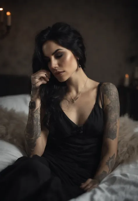 Um close de uma mulher deitada em uma cama com uma tatuagem no braço -  SeaArt AI