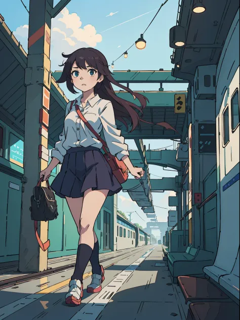 anime girl with long hair walking on a train platform, kantai collection style, railgun, konpeki no kantai, kantai collection ar...