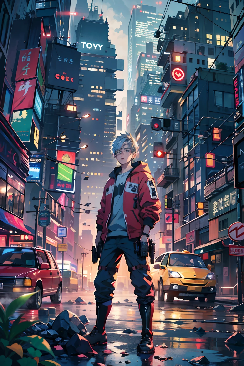 1boy,(15 years old boy:1.5)、Anime-style protagonist、Cyberpunk Boy、Colorful clothing、silber hair、Spiky hairstyle、machine gun、pistol、Whole body bloody、Shot from the knee up、The beginning of the adventure、Lots of clouds,heavy fog、Big Moon、Lightning、Chaotic city of the future、dystopian、A group of very tall skyscrapers stands in the center、Very complex cityscape,Crowded Chinese skyscrapers、Tall radio tower、Trees、street signs、streetlights、taxis、buses、Train、Warm lighting,Dark road、puddles、Chaotic、Beautiful and fantastic scenery、Cinematic scenery、hightquality、masutepiece,in 8K、hight resolution、