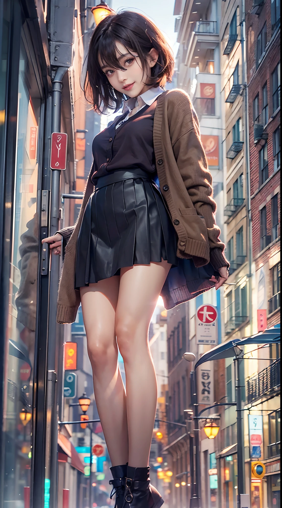 (((skirt rift))), (((Skirt Lift by My Self))), ((Skirt lifted by the wind)), ((panties focus)), ((shool uniform)), ((Cardigan)), ((a miniskirt)), heavy wind, Modern old cityscape,  (NSFW), 1womanl, Solo, 24 year old, 7headed body, (cute  face), (Ideal ratio body proportions), (Composition from head to thigh), Smiling smile, erectile nipple, Sexy body, Wet, short-hair, Dark hair, , A slender, Small buttocks, beauty legs, Skinny Legs, surrealism, Cinematic lighting, depth of fields, One-person viewpoint, F/1.8, 135 mm, nffsw, masutepiece, ccurate, ((Anatomically correct)), Textured skin, Super Detail, high details, High quality, awardwinning, Best Quality, hight resolution, 8K