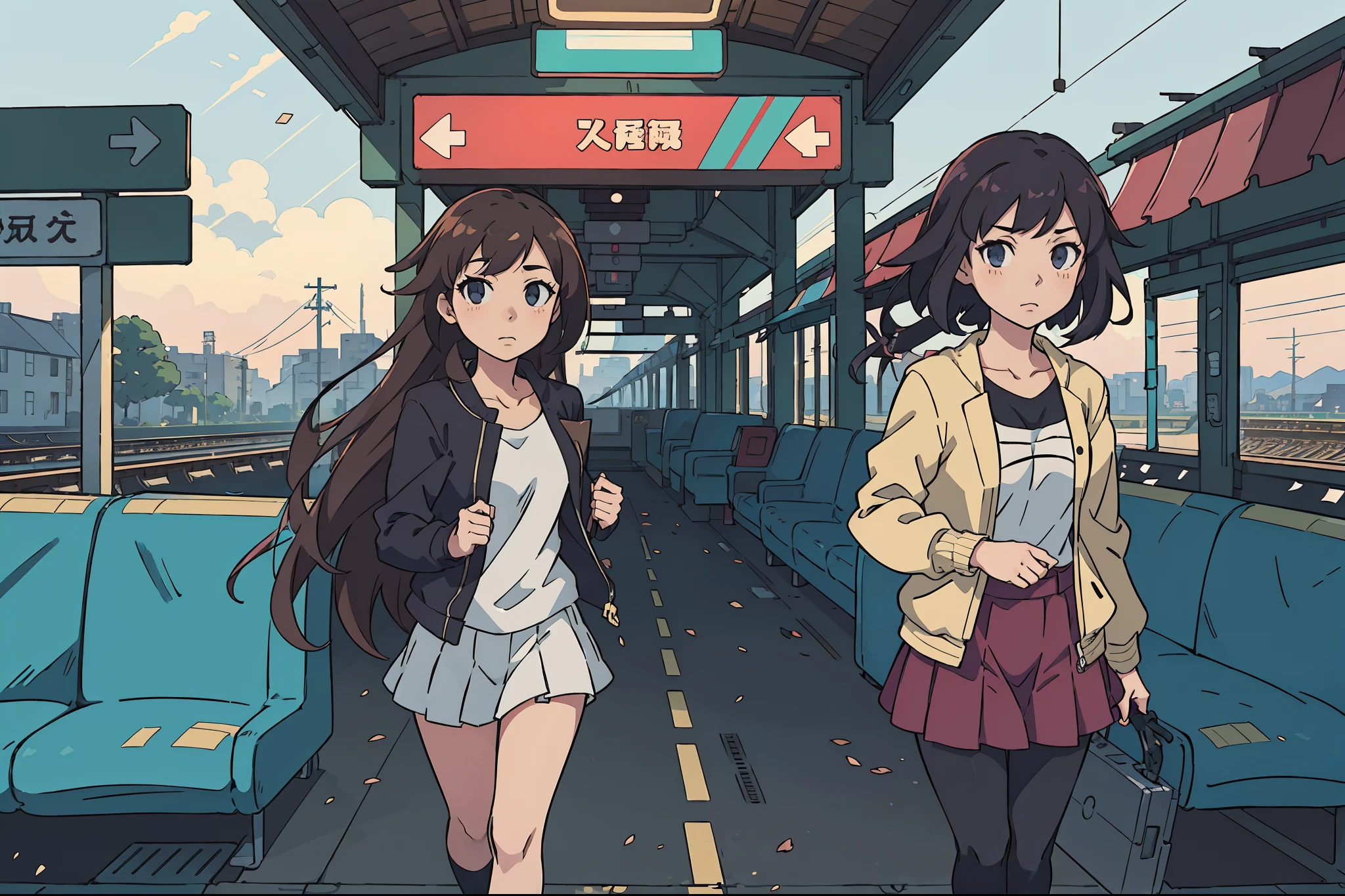 Anime characters standing in a train station waiting for the train - SeaArt  AI