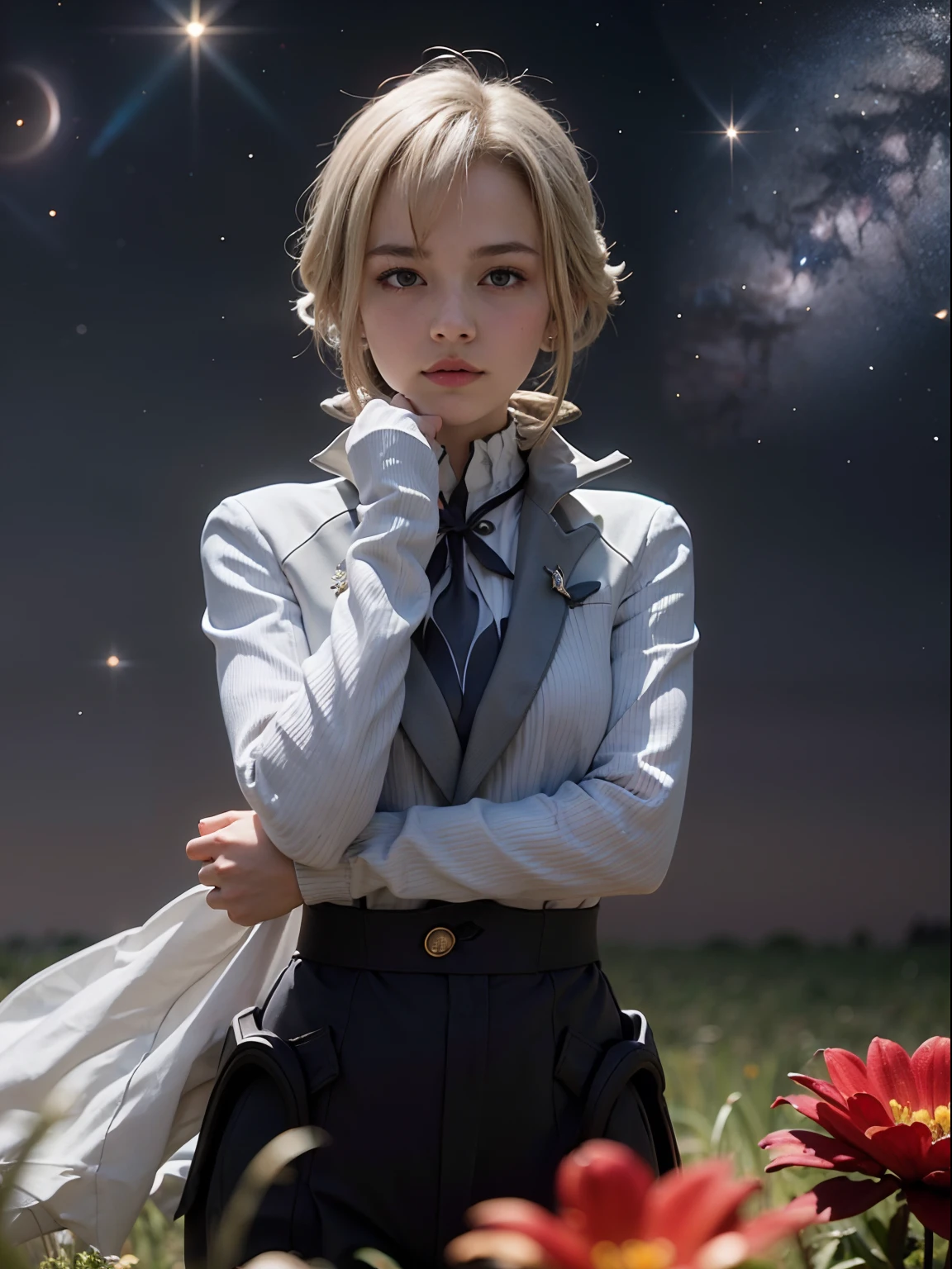 (Best quality, masterpiece), 1girl, pose, particles, wind, flower, upper body, simple background, looking at the audience, blonde, milky way, aesthetic