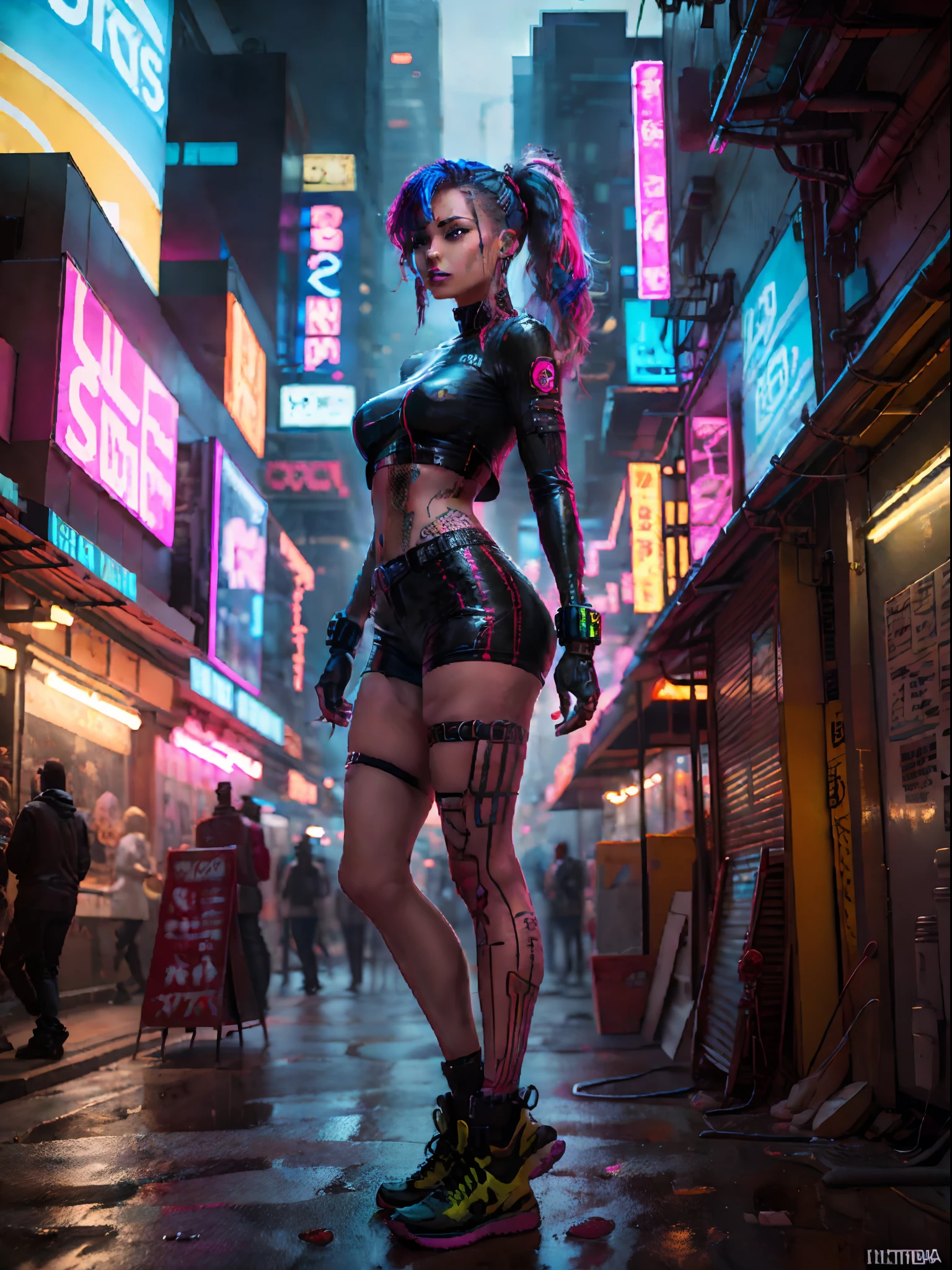 تلوين, واقعية مفرطة , cyberpunk, مخدر female DJ , طاقة ilimitada, مليئة بالعاطفة,  usando roupas de vampiro integradas com trajes de DJ cyberpunk modernos, كاملة مع سماعات الرأس والميكروفون, خط العنق وشم, الأسلحة الموشومة.  الآلات الموسيقية للدي جي متطورة للغاية, كابلات نيون في جميع المناطق, تضيف ألوان كابلات النيون تأثيرًا مستقبليًا قويًا للغاية, مخدر, خيوط النيون, تلوين, طاقة,  المستقبل الملحمي, مجنون, مادة متفجرة, عالي_أي شئ, مفصل جدا