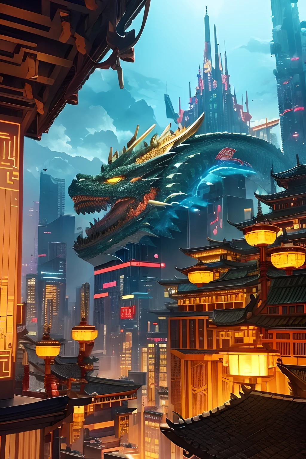 Como Shenlong、Dragão voando no céu、Dragão dourado、Chifre perfeito、Unhas perfeitas、mundo da fantasia、 A localização (localização): Estado urbano cyberpunk (estado): Ele emite uma luz brilhante