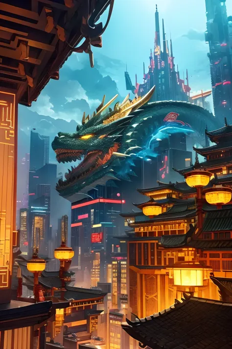 Like Shenlong、Dragon flying in the sky、Golden Dragon、Perfect horn、Perfect nails、Fantasy World、 The location (Location): Cyberpunk urban state (State): It emits a brilliant light