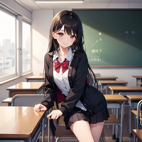 top-quality, ​masterpiece, high-detail, 16k image、Super delicate and cute girl with black hair、A Girl、solo、1 persons、a junior high school student、14years、Dark hair、Black eyes、length hair、A smile、校服、Cardigan、schools、‎Classroom、portlate、