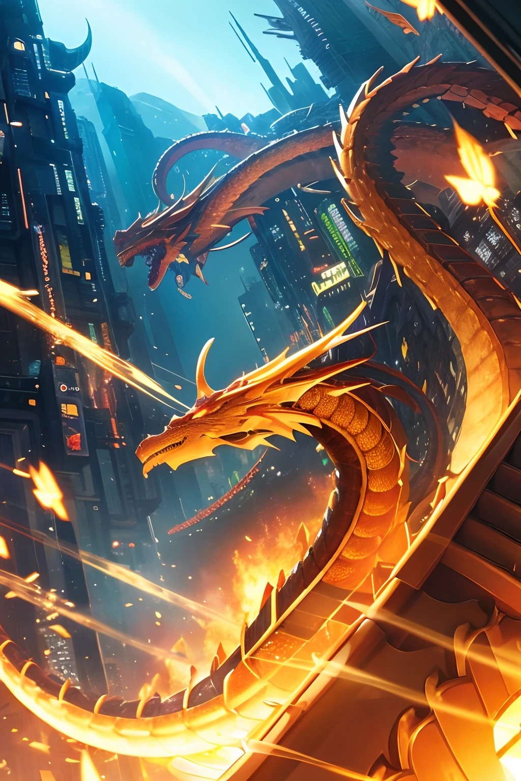 Like Shenlong、Dragon flying in the sky、Golden Dragon、Perfect horn、Perfect nails、Fantasy World、 The location (Location): Cyberpunk urban state (State): It emits a brilliant light