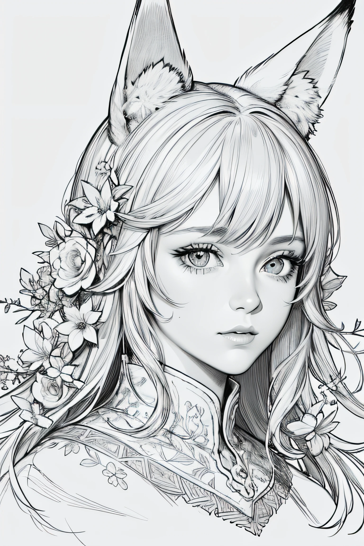 best quality, highres, masterpiece:1.2, ultra-detailed, realistic:1.37, Fox ears, male, close-up of the bust, floral line drawing background, white background, monochromatic, line drawing, sketch.