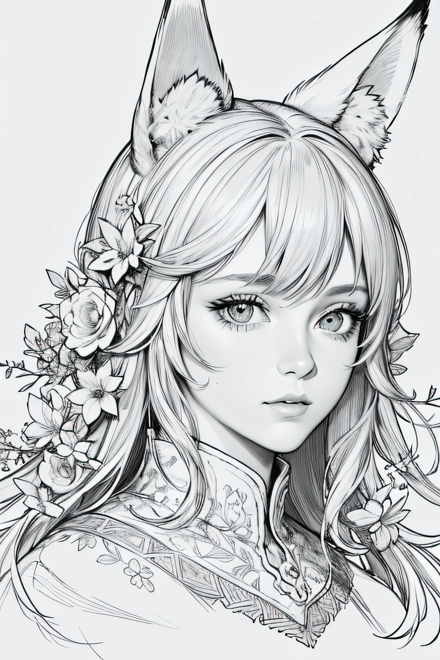 A drawing of a girl with cat ears and flowers in her hair - SeaArt AI