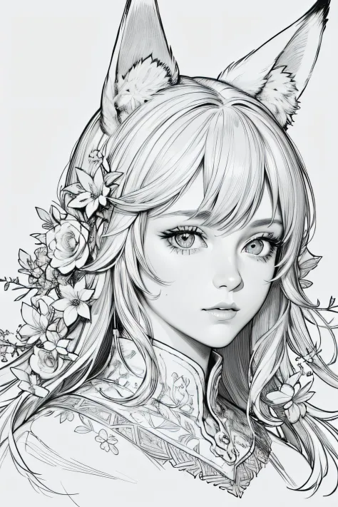 best quality, highres, masterpiece:1.2, ultra-detailed, realistic:1.37, Fox ears, male, close-up of the bust, floral line drawin...