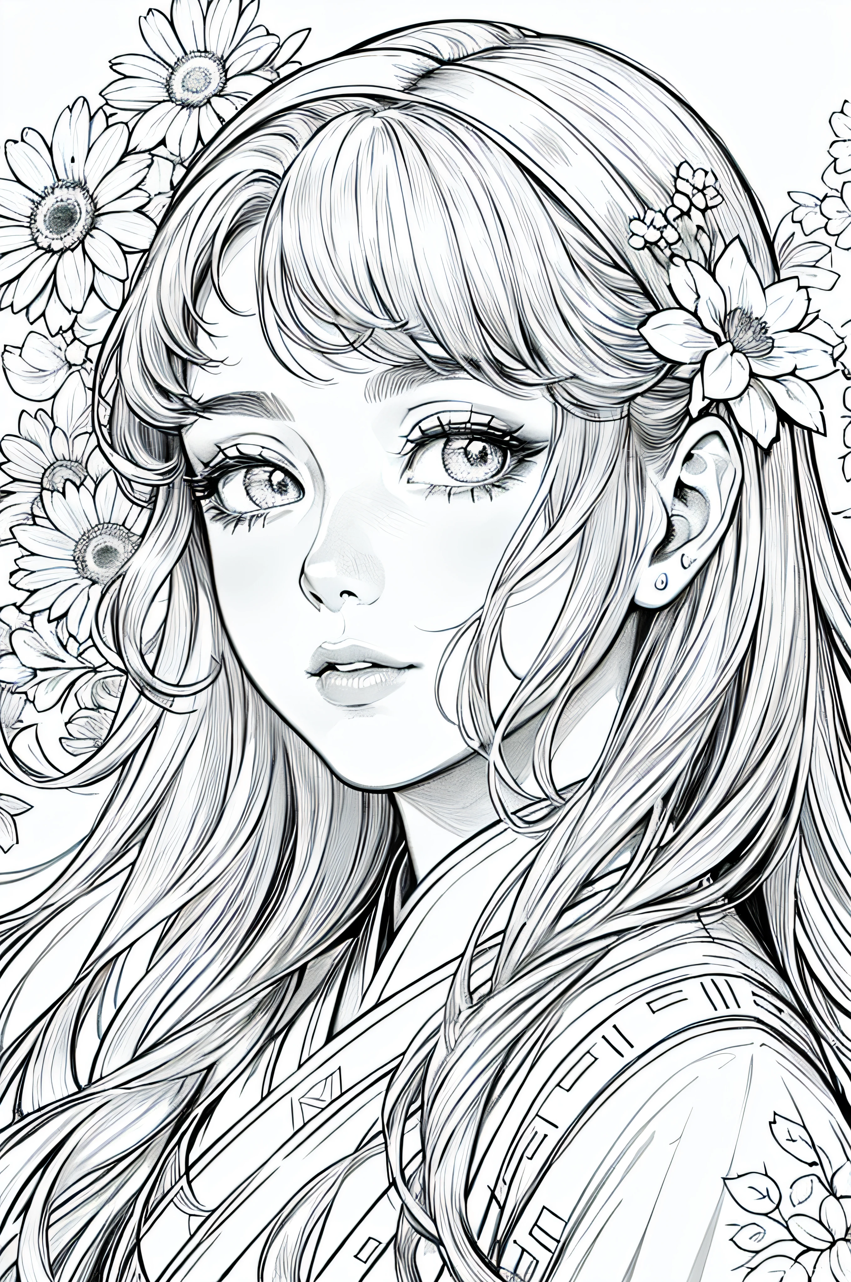 "best quality, highres, masterpiece:1.2, ultra-detailed, realistic:1.37, close-up, portraits, hanfu, beautiful detailed eyes, beautiful detailed lips, long hair, doll, hand-drawn flower line art background, white background, monochromatic, line drawing, (sketch)"

I believe this prompt can generate an elegant picture，With high quality、Realism and realistic details。It describes a portrait of a close-up observation，The theme is Hanfu(Hanfu)Style of woman。She has beautiful and delicate eyes and lips，Long hair fluttering in the wind。The background of the picture is hand-drawn floral art，The whole is a monochrome black and white effect，The line drawing effect is highlighted。The painting is made of excellent materials，The result is excellent picture quality，The details are even more detailed。