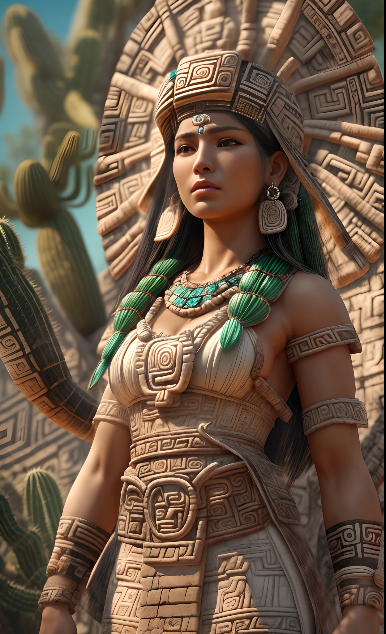 (((Mayan goddess)))best quality, ultra-high resolution, 4K detailed CG, master piece,Xquic,waning moon goddess, woman,Mayan clothing,Mayan mythology,cactus, stream, desert, sunlight,(( tree)) Mexico, aesthetics, Beautiful image, centered on the screen