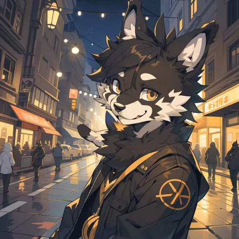 top-quality，best qualityer，rzminjourney，vectorial art，High quality illustrationtiz，tmasterpiece）（komono，furry anthro），round form，Bust，the street，(Boy black humanoid dog:1.2), Smiling warmly，Flashing friendly peace signs，Super detailed illustration，solo per...