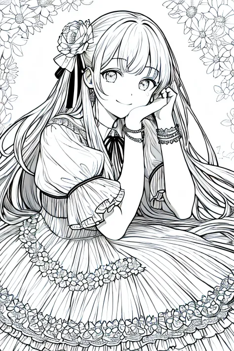 masterpiece, best quality, 1girl, solo, long_hair, looking_at_viewer, smile, dress, ribbon, jewelry, very_long_hair, hair_ribbon, flower, bracelet, two_side_up, hand_on_own_face, head_rest, hand_on_own_cheek, lineart, monochrome,