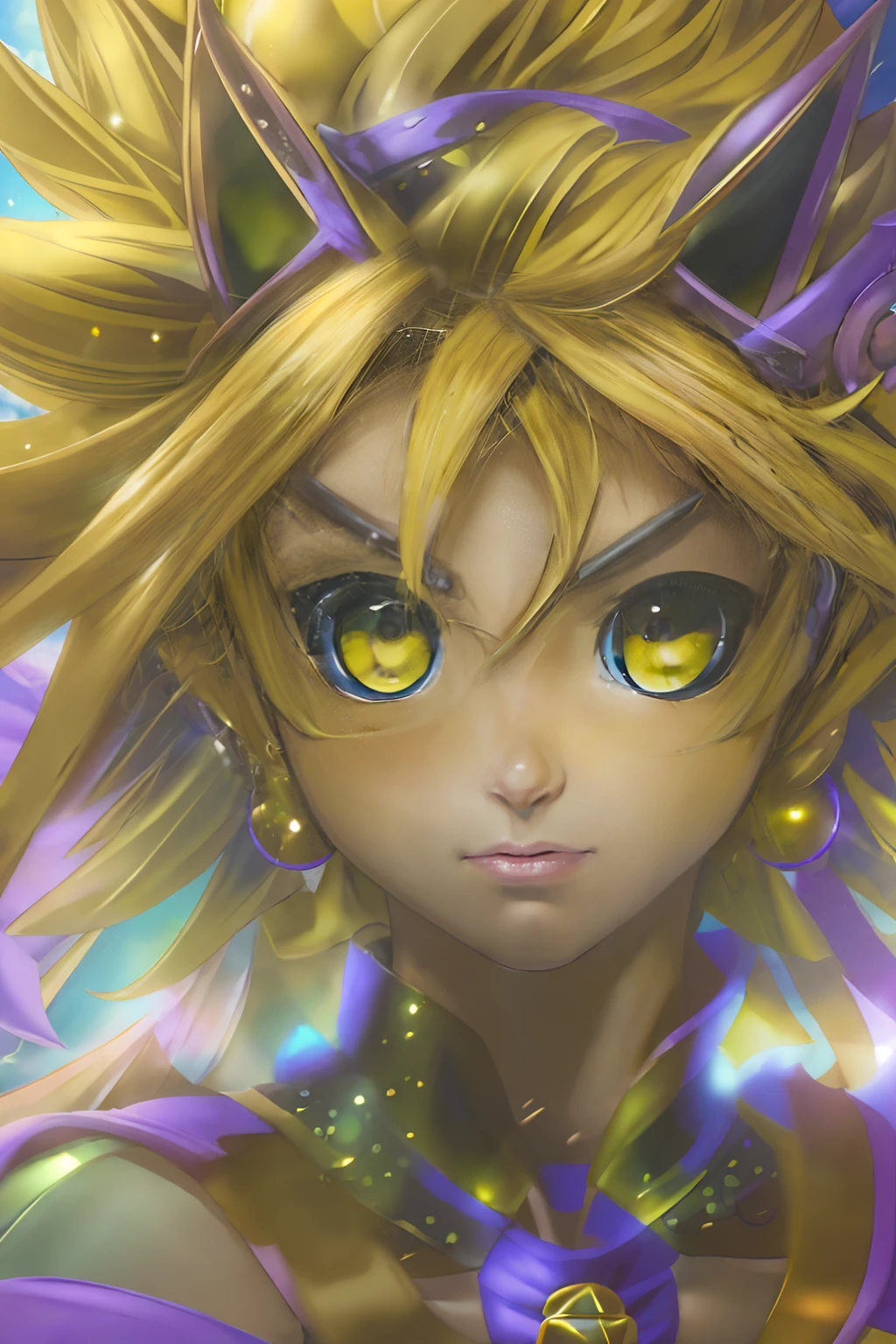 ((obra maestra)), ((La mejor calidad)), ((Super detailed)), (Highly detailed CG illustration), Impresionante fondo negro y dorado, fondo de nube blanca cielo, chica dark magician girl cosplay super Saiyan Sun Goku de pie sobre una nube amarilla, The cloud is too fast to pull out a long line,Brillantes ojos amarillos brillantes，rasgos faciales claros，Vivid expressions，GoPro，Dark Magician Girl Super Sayayin Versión