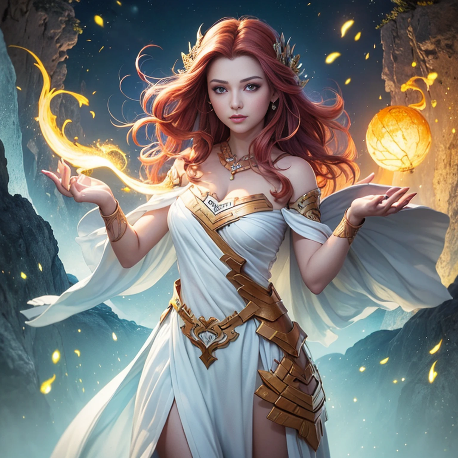 8k, ultra detalhado, master part, melhor qualidade, (extremamente detalhado), Arafed, arte dnd, scenic view, corpo inteiro, Aasimar sorceress casting a flaming spell, Aasimar, female, (Obra-prima 1.3, Detalhes intensos), female, feiticeira, Casting Flaming Spell (Obra-prima 1.3, Detalhes intensos) grandes asas angelicais, Open Blue Angelic Wings (Obra-prima 1.3, Detalhes intensos), magical fantasy background (Obra-prima 1.5, Detalhes intensos), lua, Estrelas, nuvem, vestindo manto branco, Capa roxa, flowing robe (Obra-prima 1.3, Detalhes intensos), Botas de salto alto (Obra-prima 1.3, Detalhes intensos), armado com pessoal, red hair, olhos verdes, olhos intensos, Feminino, Face Ultra Detalhada, (Obra-prima 1.5, melhor qualidade), anatomicamente correto (Obra-prima 1.3, Detalhes intensos), face determinada, Luz Divina, Cinematic lighting, luz suave, silhueta, fotorrealismo, scenic view (Obra-prima 1.3, Detalhes intensos) , Wide-Angle, Ultra-Grande Angular, 8k, Altas, melhor qualidade, Detalhes altos @Vlademir Bernardes