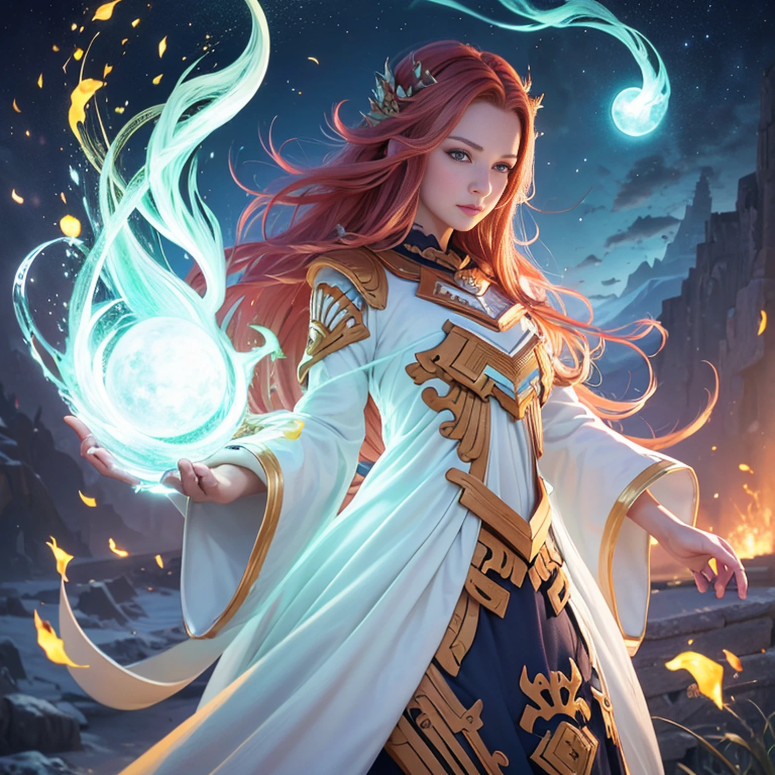 8k, ultra detaild, master part, best qualityer, (extremely detaild), Arafed, dnd art, scenic view, fully body, aasimar sorceress casting a flaming spell, aasimar, female, (masterpiece 1.3, intense details), female, enchantress, Casting Flaming Spell (masterpiece 1.3, intense details) big angelic wings, Open Blue Angelic Wings (masterpiece 1.3, intense details), magical fantasy background (masterpiece 1.5, intense details), moonligh, stele, nube, wearing white robe, purple cloak, flowing robe (masterpiece 1.3, intense details), High Heeled Boots (masterpiece 1.3, intense details), armed with personnel, red hair, greeneyes, olhos intensos, Female One, Ultra Detailed Face, (masterpiece 1.5, best qualityer), anatomically correcte (masterpiece 1.3, intense details), determined face, godly light, Cinematic lighting, smooth light, silhuette, fotorrealism, scenic view (masterpiece 1.3, intense details) , Wide-Angle, Ultra-Wide Angle, 8k, highres, best qualityer, High details @Vlademir Bernardes