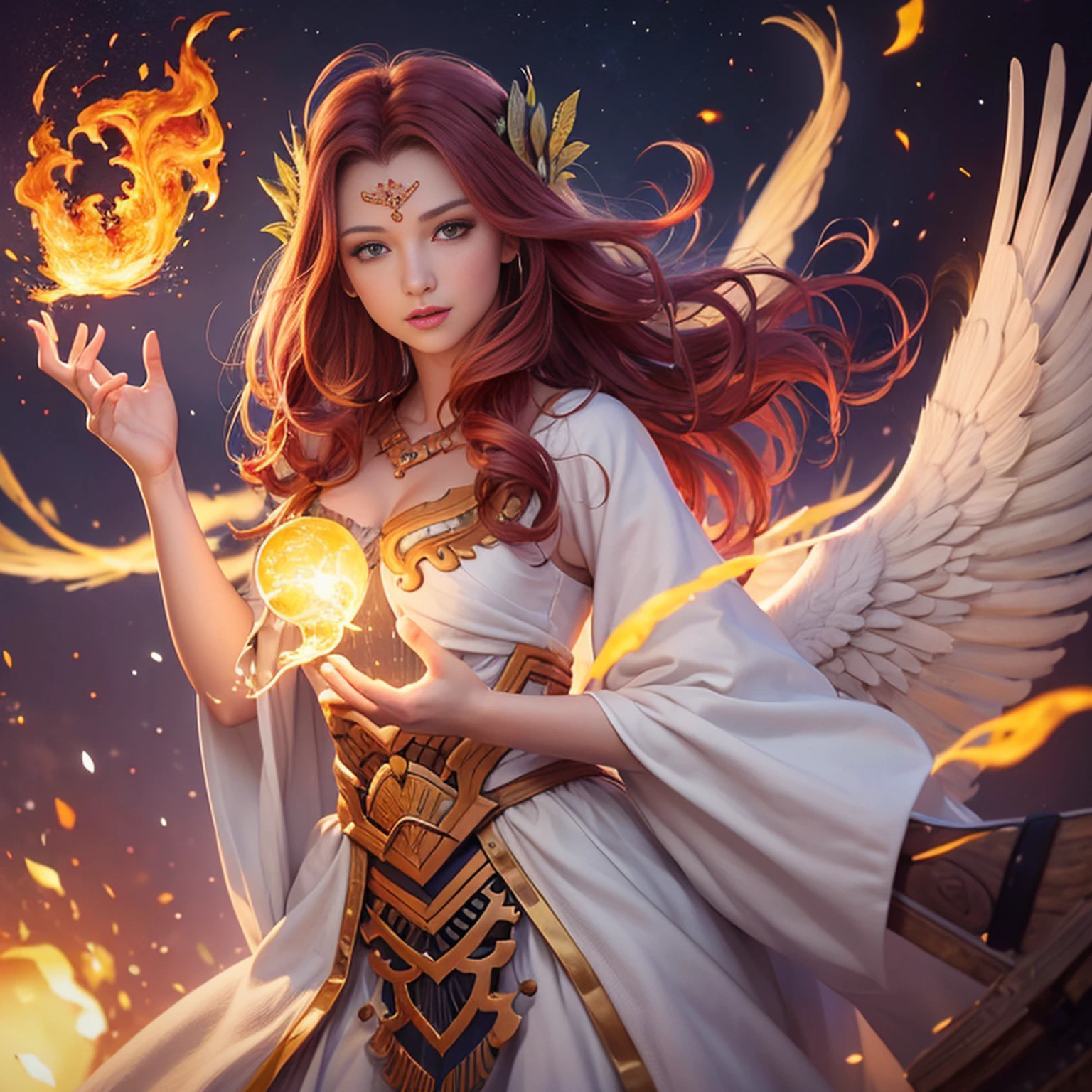 8k, ultra detalhado, master part, melhor qualidade, (extremamente detalhado), Arafed, arte dnd, scenic view, corpo inteiro, Aasimar sorceress casting a flaming spell, Aasimar, female, (Obra-prima 1.3, Detalhes intensos), female, feiticeira, Casting Flaming Spell (Obra-prima 1.3, Detalhes intensos) grandes asas angelicais, Open Blue Angelic Wings (Obra-prima 1.3, Detalhes intensos), magical fantasy background (Obra-prima 1.5, Detalhes intensos), lua, Estrelas, nuvem, vestindo manto branco, Capa roxa, flowing robe (Obra-prima 1.3, Detalhes intensos), Botas de salto alto (Obra-prima 1.3, Detalhes intensos), armado com pessoal, red hair, olhos verdes, olhos intensos, Feminino, Face Ultra Detalhada, (Obra-prima 1.5, melhor qualidade), anatomicamente correto (Obra-prima 1.3, Detalhes intensos), face determinada, Luz Divina, Cinematic lighting, luz suave, silhueta, fotorrealismo, scenic view (Obra-prima 1.3, Detalhes intensos) , Wide-Angle, Ultra-Grande Angular, 8k, Altas, melhor qualidade, Detalhes altos @Vlademir Bernardes