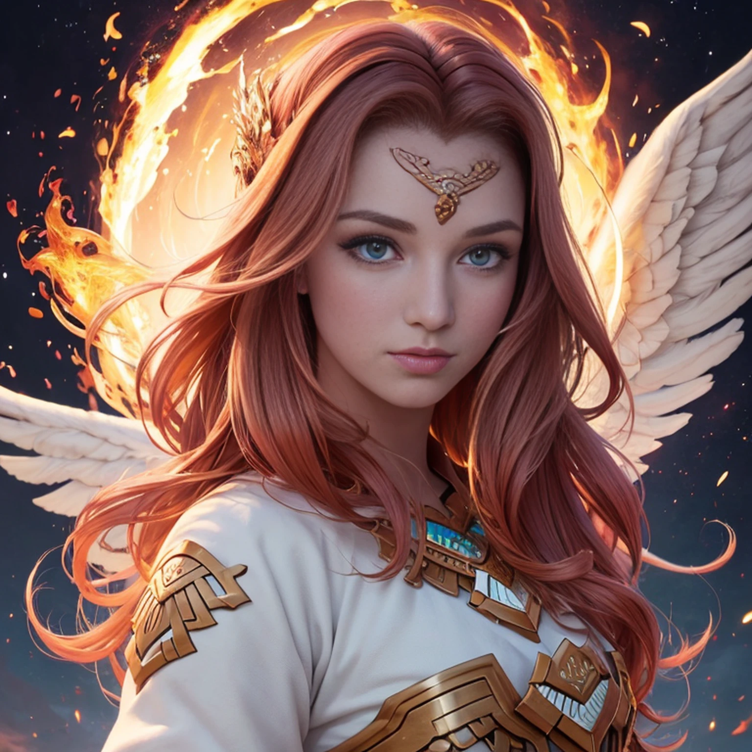 8k, ultra detalhado, master part, melhor qualidade, (extremamente detalhado), Arafed, arte dnd, scenic view, corpo inteiro, Aasimar sorceress casting a flaming spell, Aasimar, female, (Obra-prima 1.3, Detalhes intensos), female, feiticeira, Casting Flaming Spell (Obra-prima 1.3, Detalhes intensos) grandes asas angelicais, Open Blue Angelic Wings (Obra-prima 1.3, Detalhes intensos), magical fantasy background (Obra-prima 1.5, Detalhes intensos), lua, Estrelas, nuvem, vestindo manto branco, Capa roxa, flowing robe (Obra-prima 1.3, Detalhes intensos), Botas de salto alto (Obra-prima 1.3, Detalhes intensos), armado com pessoal, red hair, olhos verdes, olhos intensos, Feminino, Face Ultra Detalhada, (Obra-prima 1.5, melhor qualidade), anatomicamente correto (Obra-prima 1.3, Detalhes intensos), face determinada, Luz Divina, Cinematic lighting, luz suave, silhueta, fotorrealismo, scenic view (Obra-prima 1.3, Detalhes intensos) , Wide-Angle, Ultra-Grande Angular, 8k, Altas, melhor qualidade, Detalhes altos @Vlademir Bernardes