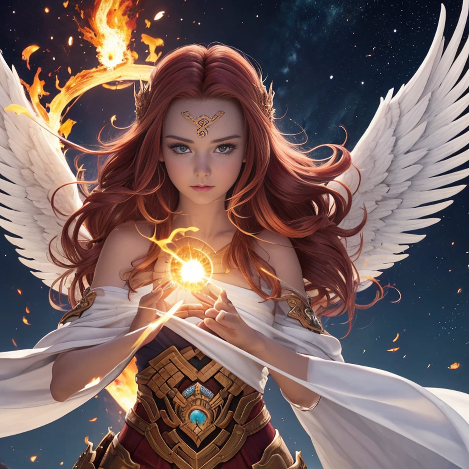 8k, ultra detalhado, master part, melhor qualidade, (extremamente detalhado), Arafed, arte dnd, scenic view, corpo inteiro, Aasimar sorceress casting a flaming spell, Aasimar, female, (Obra-prima 1.3, Detalhes intensos), female, feiticeira, Casting Flaming Spell (Obra-prima 1.3, Detalhes intensos) grandes asas angelicais, Open Blue Angelic Wings (Obra-prima 1.3, Detalhes intensos), magical fantasy background (Obra-prima 1.5, Detalhes intensos), lua, Estrelas, nuvem, vestindo manto branco, Capa roxa, flowing robe (Obra-prima 1.3, Detalhes intensos), Botas de salto alto (Obra-prima 1.3, Detalhes intensos), armado com pessoal, red hair, olhos verdes, olhos intensos, Feminino, Face Ultra Detalhada, (Obra-prima 1.5, melhor qualidade), anatomicamente correto (Obra-prima 1.3, Detalhes intensos), face determinada, Luz Divina, Cinematic lighting, luz suave, silhueta, fotorrealismo, scenic view (Obra-prima 1.3, Detalhes intensos) , Wide-Angle, Ultra-Grande Angular, 8k, Altas, melhor qualidade, Detalhes altos @Vlademir Bernardes