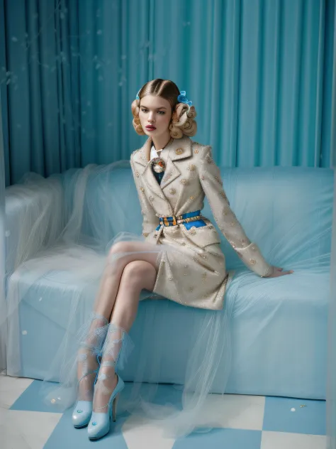 arafed woman sitting on a couch with a blue background, steven meisel photography, official prada editorial, steven meisel, fine...