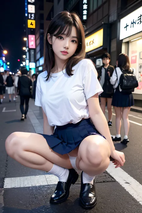 1womanl、(Super beautiful)、(beauitful face:1.5)、Clear pubic contours、Squatting、Spread your legs、(white  panties:1.4)、(high-school uniform)、(Dark blue pleated skirt)、(Wear black loafers)、(Sidewalk in Shibuya at night)、Neon sign、(At SFW:1.1)