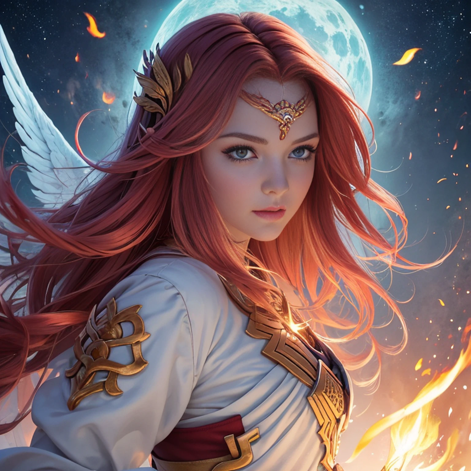 8k, ultra detalhado, master part, melhor qualidade, (extremamente detalhado), Arafed, arte dnd, scenic view, corpo inteiro, Aasimar sorceress casting a flaming spell, Aasimar, female, (Obra-prima 1.3, Detalhes intensos), female, feiticeira, Casting Flaming Spell (Obra-prima 1.3, Detalhes intensos) grandes asas angelicais, Open Blue Angelic Wings (Obra-prima 1.3, Detalhes intensos), magical fantasy background (Obra-prima 1.5, Detalhes intensos), lua, Estrelas, nuvem, vestindo manto branco, Capa roxa, flowing robe (Obra-prima 1.3, Detalhes intensos), Botas de salto alto (Obra-prima 1.3, Detalhes intensos), armado com pessoal, red hair, olhos verdes, olhos intensos, Feminino, Face Ultra Detalhada, (Obra-prima 1.5, melhor qualidade), anatomicamente correto (Obra-prima 1.3, Detalhes intensos), face determinada, Luz Divina, Cinematic lighting, luz suave, silhueta, fotorrealismo, scenic view (Obra-prima 1.3, Detalhes intensos) , Wide-Angle, Ultra-Grande Angular, 8k, Altas, melhor qualidade, Detalhes altos @Vlademir Bernardes