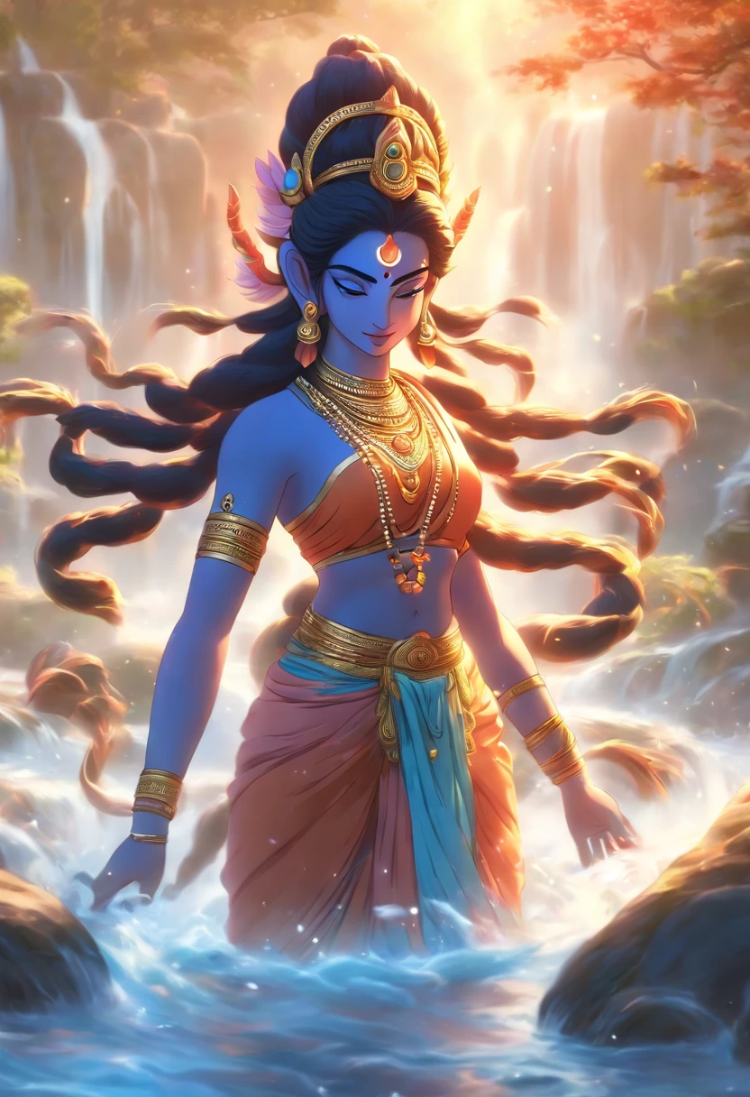 (((Parvati))) best quality, ultra-high resolution, 4K detailed CG, masterpiece,Parvati,Indian woman,Hindu goddess,river,stream,bathing,aesthetics,beautiful image,screen-centered,body complete, standing