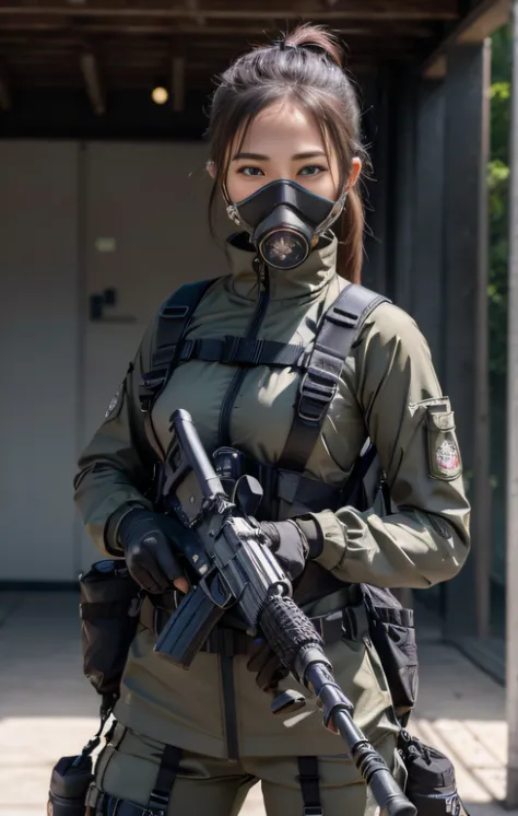 Highest image quality, outstanding details, ultra-high resolution, (realism: 1.4), ((close up:0.75, from front)), Photorealistic, highly condensed 1 lady, full body, aiming with a rifle, Combat pose, (Detailed face), looking at the camera, (wearing nylon r...