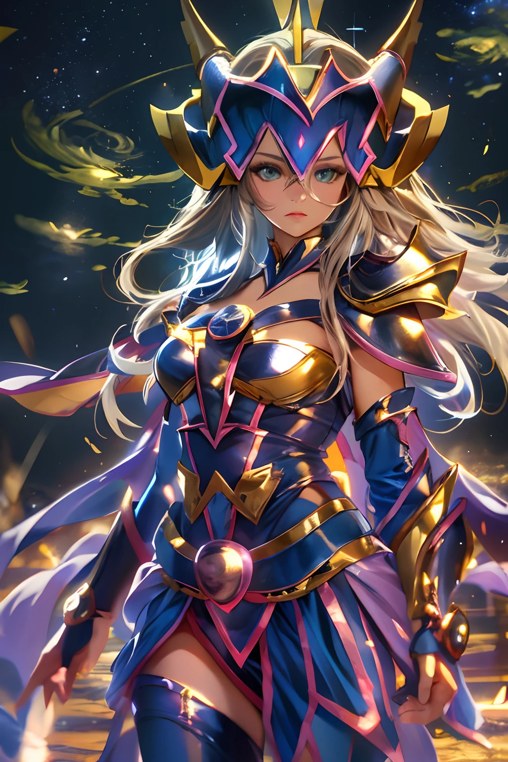 Dark magician girl full body,Ultra-high saturation，（tmasterpiece）， Full body photo，（Best Quality）， （1girll dark magician girl）， Starryskybackground，Wearing shiny golden armor， Sexy lingerie armor，Expose your chest，expose the waist，expose thighs，pose sensual， Saint Seiya， messy hair，high detail, anime style, cinematic lighting, flash, light of god, ray tracing, movie grain, hiper HD, skin texture, Super details, anatomically correct, A high resolution，Ultra-high saturation，High contrast，High gloss armor，soft skin，serious expressions,dim room,