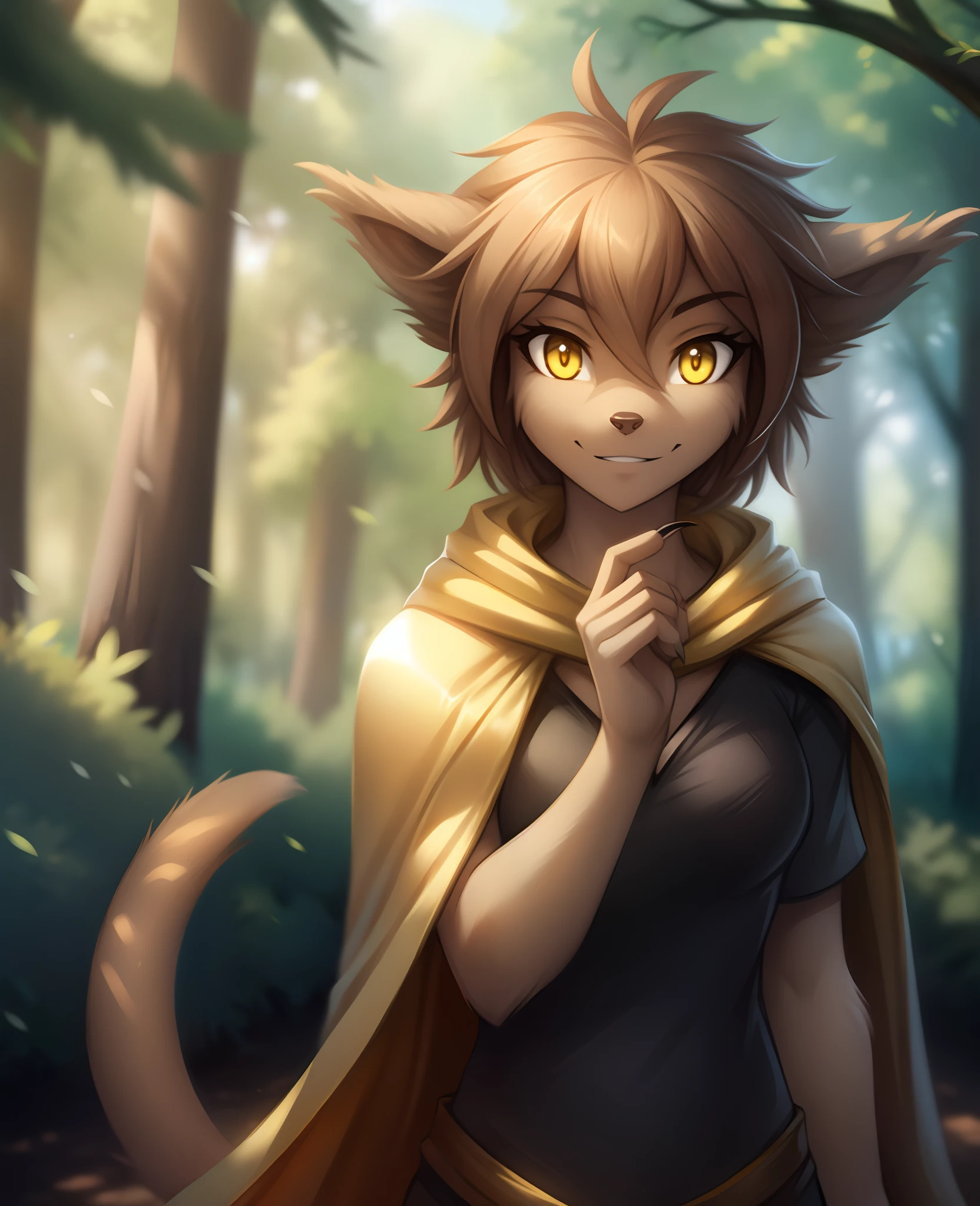 twokinds, tom_fischbach, webcomic_character, webcomic, comic, Madelyn , Madelyn Adelaide, flora_(twokinds), trace_legacy, (best quality, masterpiece:1), solo, furry female anthro, yellow eyes, short hair, light brown hair, portrait, finger claws, looking at viewer, tail, ear raised, (outdoors dark forest trees blurry blurred background:1.1), black shirt, yellow cape