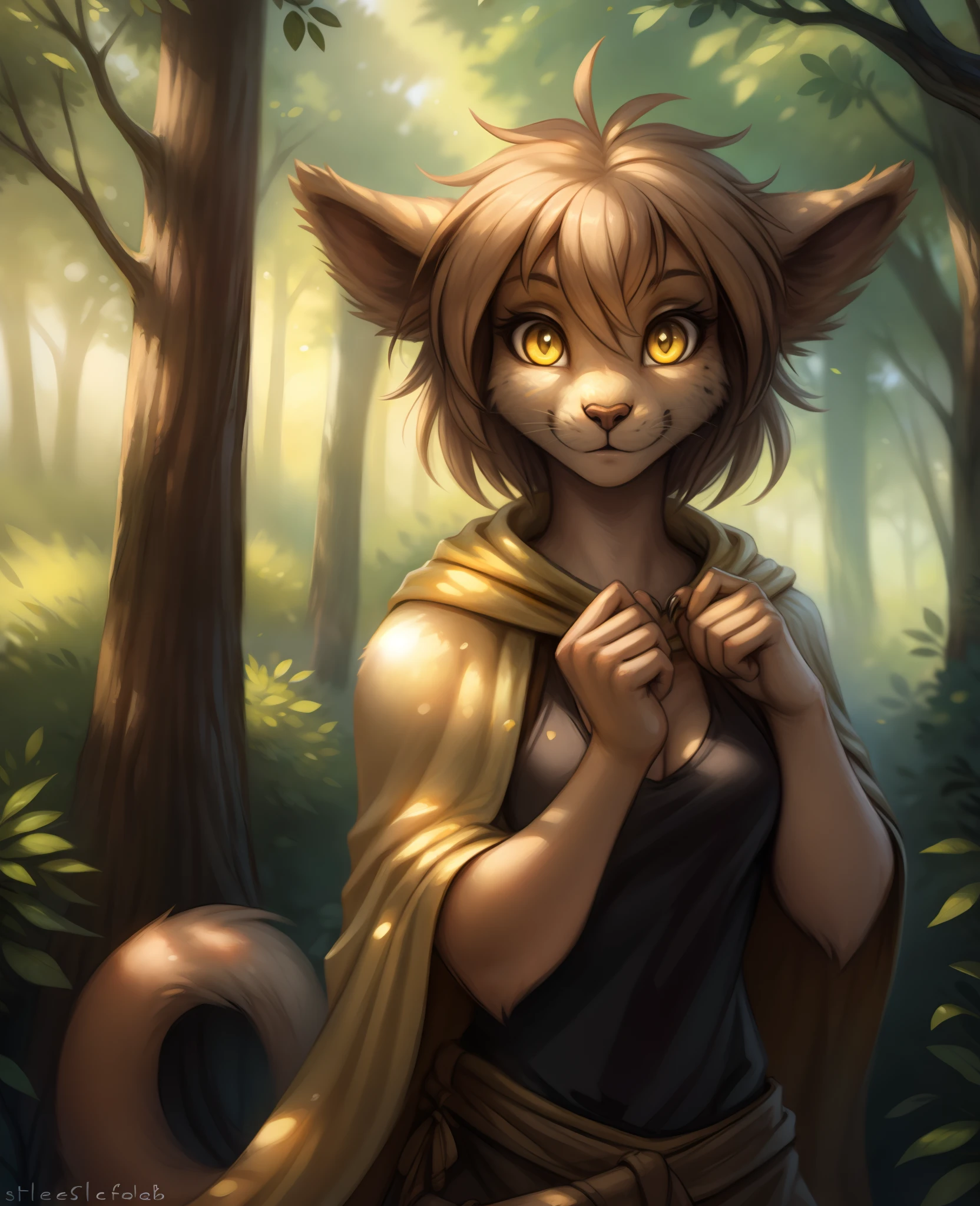 by kenket, by totesfleisch8, (by thebigslick, by silverfox5213:0.8), (by syuro:0.2), chee-riee,,  Madelyn , Madelyn Adelaide,  twokinds, (best quality, masterpiece:1), solo, furry female anthro, yellow eyes, short hair, light brown hair, portrait, finger claws, looking at viewer, tail, ear raised, (outdoors dark forest trees blurry blurred background:1.1), black shirt, yellow cape