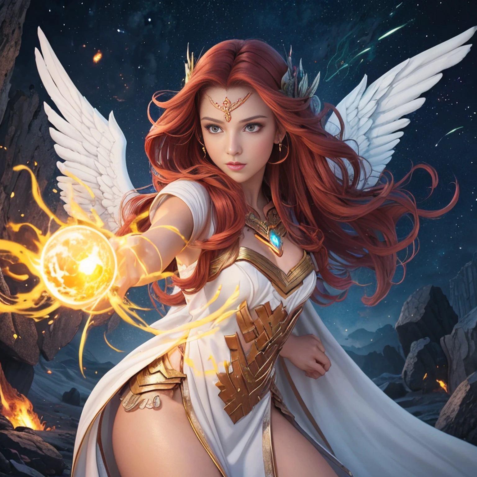 8k, ultra detalhado, master part, melhor qualidade, (extremamente detalhado), Arafed, arte dnd, scenic view, corpo inteiro, Aasimar sorceress casting a flaming spell, Aasimar, female, (Obra-prima 1.3, Detalhes intensos), female, feiticeira, Casting Flaming Spell (Obra-prima 1.3, Detalhes intensos) grandes asas angelicais, Open Blue Angelic Wings (Obra-prima 1.3, Detalhes intensos), magical fantasy background (Obra-prima 1.5, Detalhes intensos), lua, Estrelas, nuvem, vestindo manto branco, Capa roxa, flowing robe (Obra-prima 1.3, Detalhes intensos), Botas de salto alto (Obra-prima 1.3, Detalhes intensos), armado com pessoal, red hair, olhos verdes, olhos intensos, Feminino, Face Ultra Detalhada, (Obra-prima 1.5, melhor qualidade), anatomicamente correto (Obra-prima 1.3, Detalhes intensos), face determinada, Luz Divina, Cinematic lighting, luz suave, silhueta, fotorrealismo, scenic view (Obra-prima 1.3, Detalhes intensos) , Wide-Angle, Ultra-Grande Angular, 8k, Altas, melhor qualidade, Detalhes altos @Vlademir Bernardes