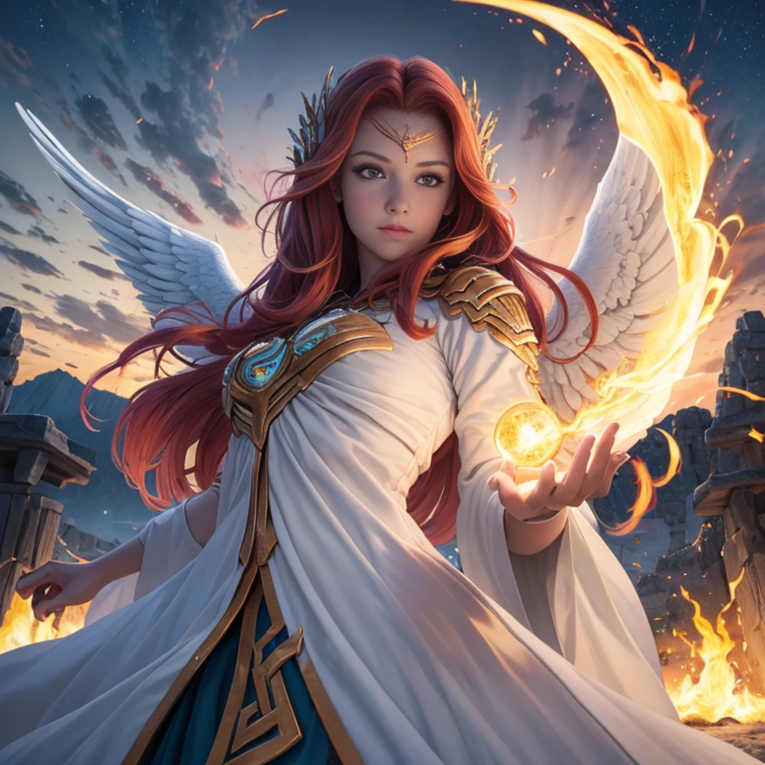 8k, ultra detalhado, master part, melhor qualidade, (extremamente detalhado), Arafed, arte dnd, scenic view, corpo inteiro, Aasimar sorceress casting a flaming spell, Aasimar, female, (Obra-prima 1.3, Detalhes intensos), female, feiticeira, Casting Flaming Spell (Obra-prima 1.3, Detalhes intensos) grandes asas angelicais, Open Blue Angelic Wings (Obra-prima 1.3, Detalhes intensos), magical fantasy background (Obra-prima 1.5, Detalhes intensos), lua, Estrelas, nuvem, vestindo manto branco, Capa roxa, flowing robe (Obra-prima 1.3, Detalhes intensos), Botas de salto alto (Obra-prima 1.3, Detalhes intensos), armado com pessoal, red hair, olhos verdes, olhos intensos, Feminino, Face Ultra Detalhada, (Obra-prima 1.5, melhor qualidade), anatomicamente correto (Obra-prima 1.3, Detalhes intensos), face determinada, Luz Divina, Cinematic lighting, luz suave, silhueta, fotorrealismo, scenic view (Obra-prima 1.3, Detalhes intensos) , Wide-Angle, Ultra-Grande Angular, 8k, Altas, melhor qualidade, Detalhes altos @Vlademir Bernardes