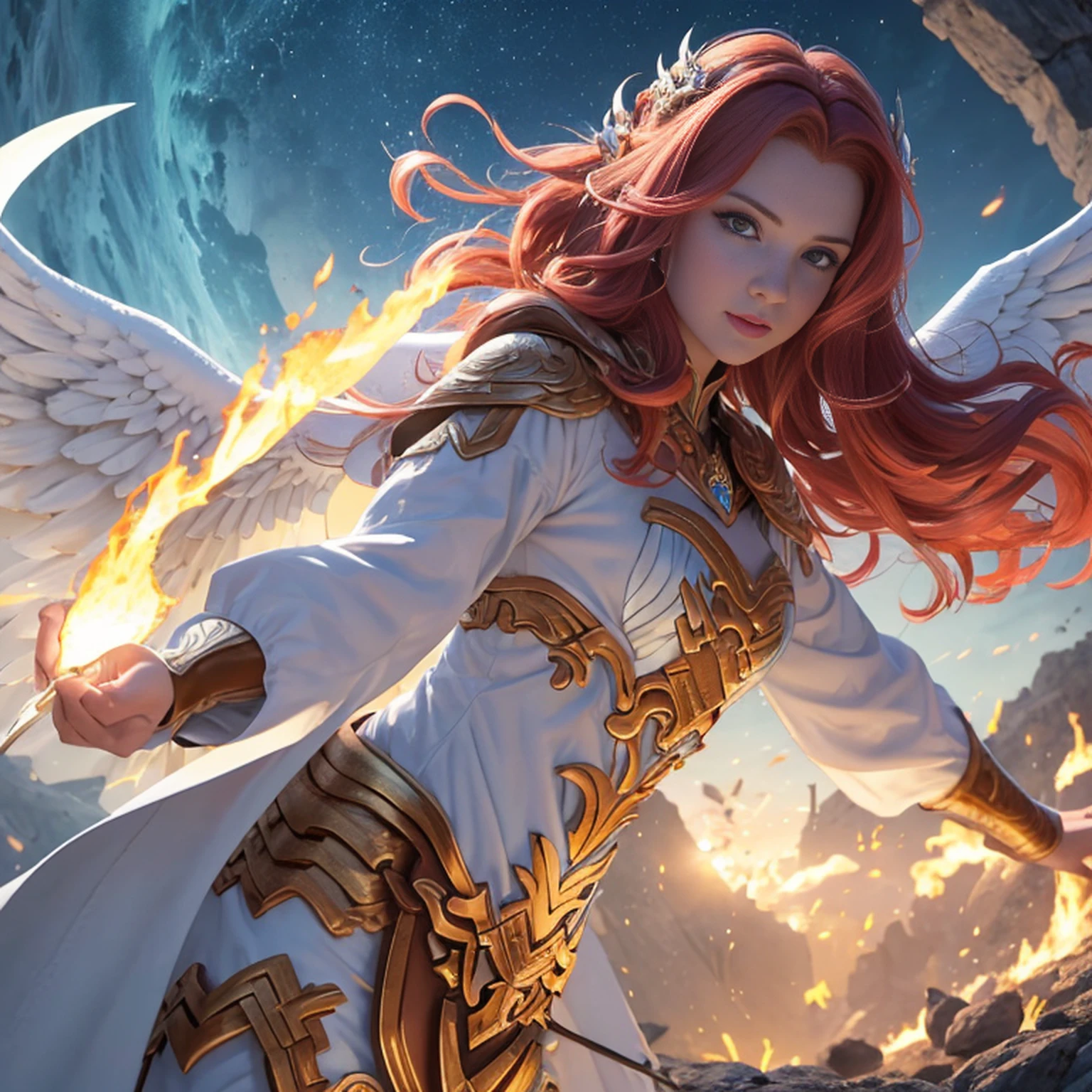 8k, ultra detalhado, master part, melhor qualidade, (extremamente detalhado), Arafed, arte dnd, scenic view, corpo inteiro, Aasimar sorceress casting a flaming spell, Aasimar, female, (Obra-prima 1.3, Detalhes intensos), female, feiticeira, Casting Flaming Spell (Obra-prima 1.3, Detalhes intensos) grandes asas angelicais, Open Blue Angelic Wings (Obra-prima 1.3, Detalhes intensos), magical fantasy background (Obra-prima 1.5, Detalhes intensos), lua, Estrelas, nuvem, vestindo manto branco, Capa roxa, flowing robe (Obra-prima 1.3, Detalhes intensos), Botas de salto alto (Obra-prima 1.3, Detalhes intensos), armado com pessoal, red hair, olhos verdes, olhos intensos, Feminino, Face Ultra Detalhada, (Obra-prima 1.5, melhor qualidade), anatomicamente correto (Obra-prima 1.3, Detalhes intensos), face determinada, Luz Divina, Cinematic lighting, luz suave, silhueta, fotorrealismo, scenic view (Obra-prima 1.3, Detalhes intensos) , Wide-Angle, Ultra-Grande Angular, 8k, Altas, melhor qualidade, Detalhes altos @Vlademir Bernardes