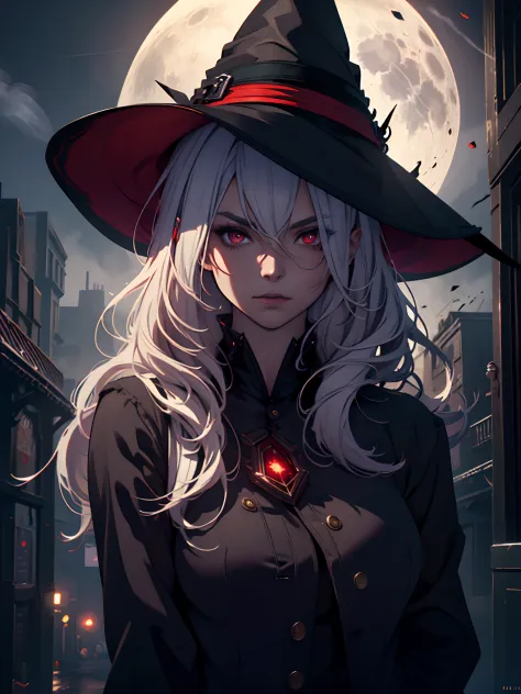 (best quality,ultra-detailed),red vibrant eyes,white hair,young mature,witch,colored smoke,night background,full moon,dark atmos...